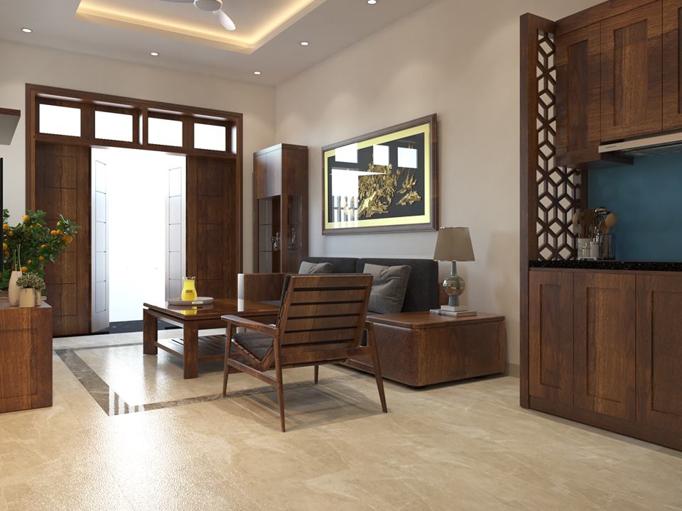 thiết kế nội thất gỗ dâu nhà ống