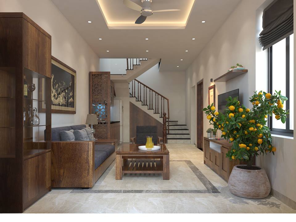 thiết kế nội thất gỗ dâu nhà ống