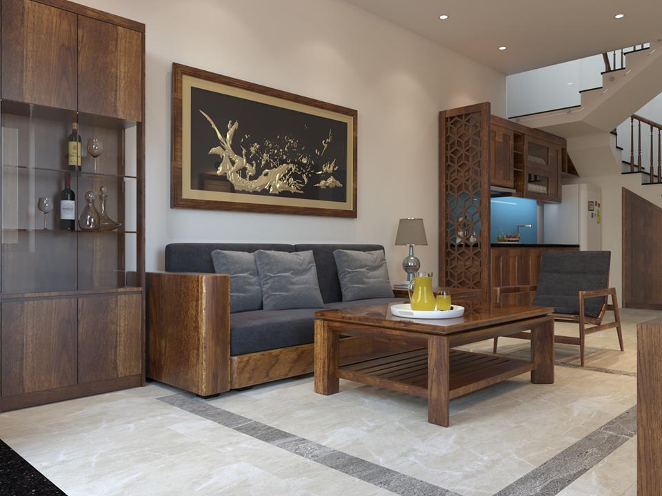 thiết kế nội thất gỗ dâu nhà ống