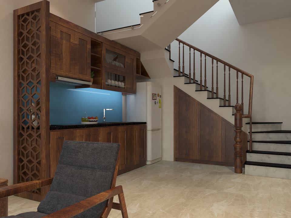 thiết kế nội thất gỗ dâu nhà ống