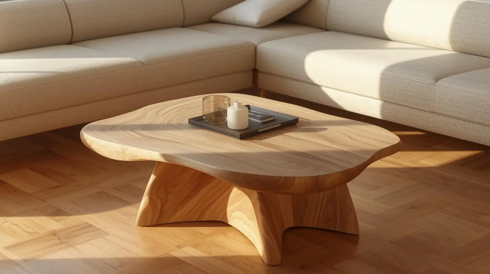 Bàn trà Wabi Sabi bằng gỗ tần bì tự nhiên, thiết kế hình tròn đơn giản, tôn lên vẻ đẹp mộc mạc và tinh tế trong không gian phòng khách tối giản.