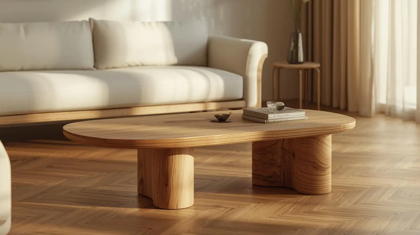 bàn trà wabi sabi hình oval gỗ tự nhiên chân trụ tròn thanh thoát và tinh tế phong cách nhật
