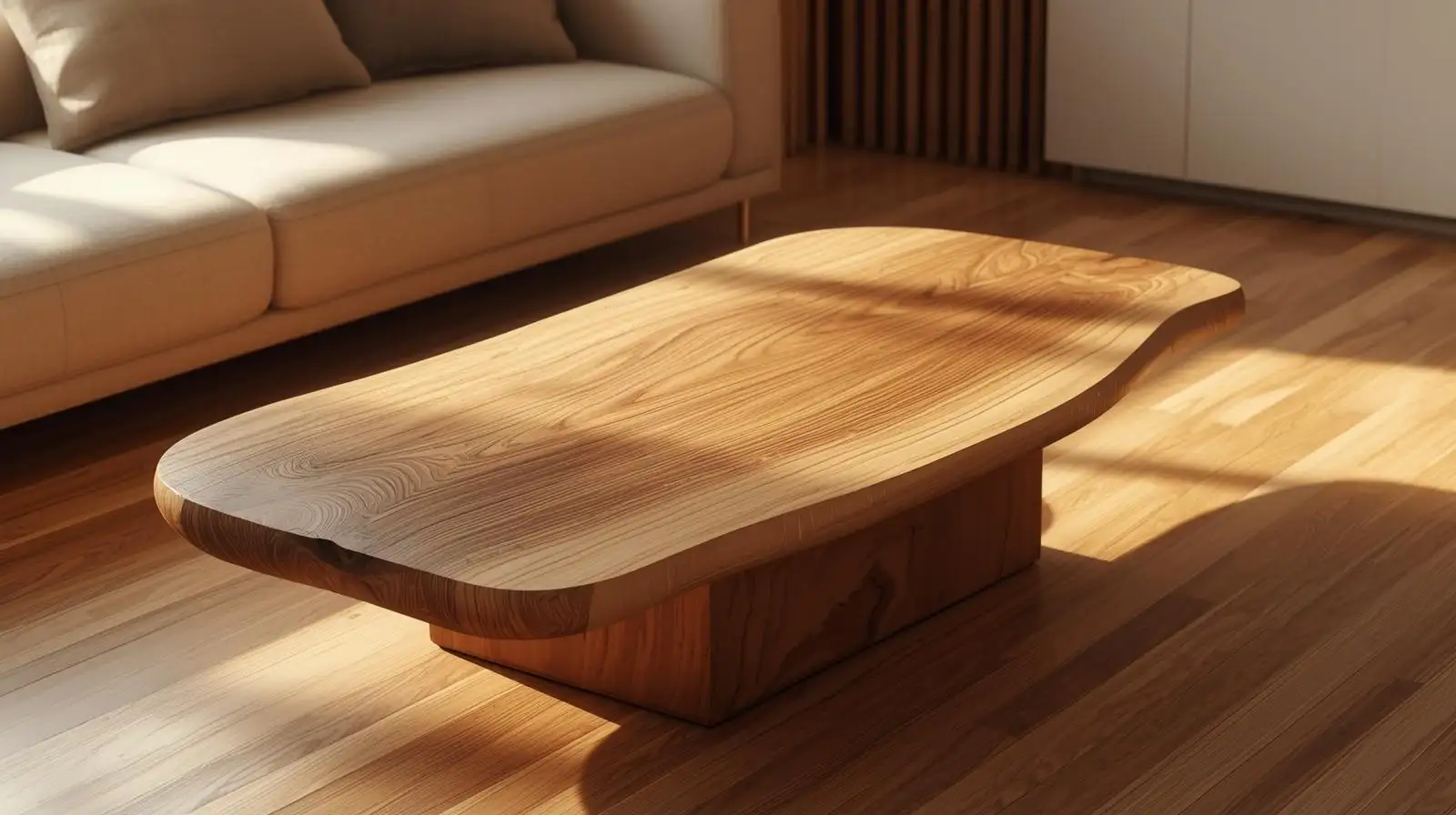 bàn trà wabi sabi chữ nhật bo cong gỗ tự nhiên mộc mạc tối giản phong cách nhật hiện đại