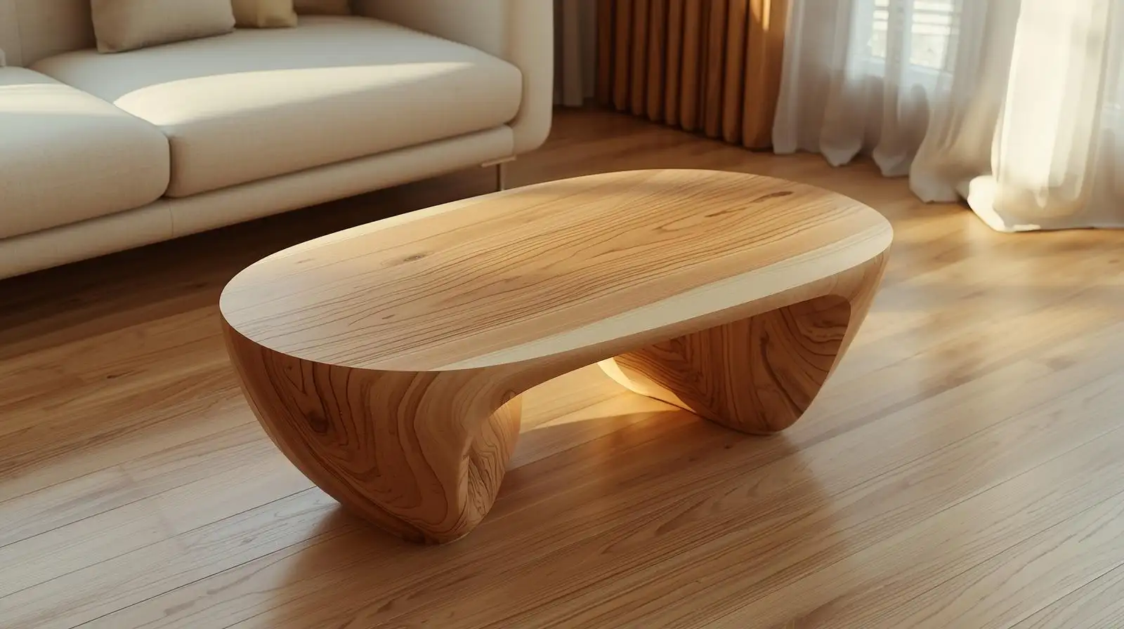 bàn trà wabi sabi dáng cong đôi gỗ tần bì tự nhiên ánh sáng vàng nhẹ tinh tế hiện đại