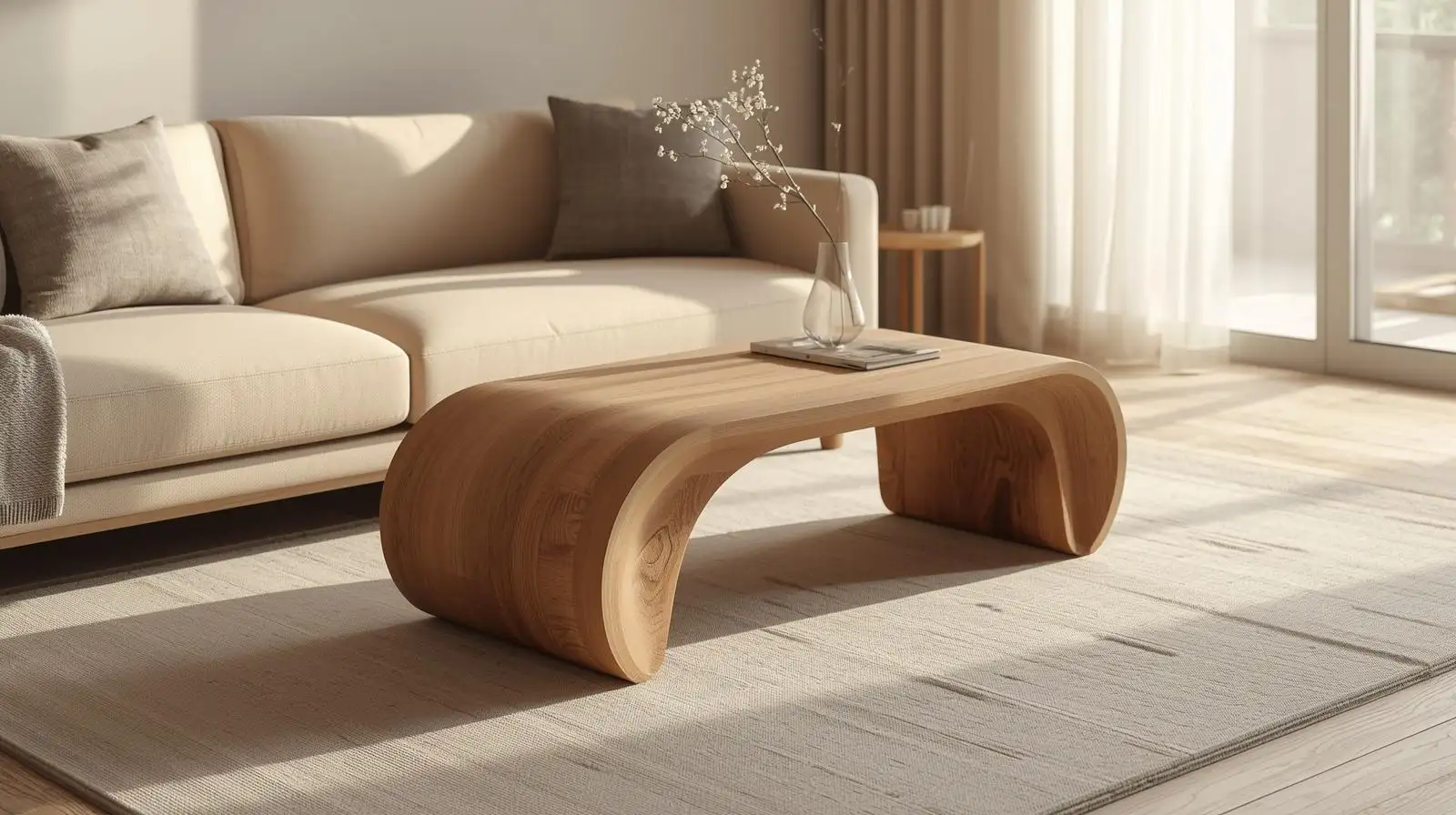 Bàn trà Wabi Sabi hình tròn, gỗ tần bì sáng màu, phối cùng sofa trung tính và ánh sáng tự nhiên, tạo cảm giác thư thái và gần gũi.