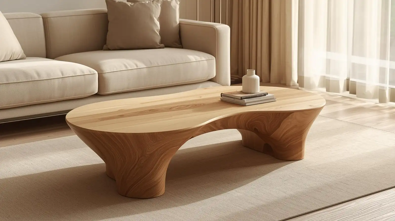 Bàn trà phong cách Nhật Bản hiện đại, lấy cảm hứng từ triết lý Wabi Sabi – vẻ đẹp trong sự không hoàn hảo, với chất liệu gỗ tự nhiên và sắc nâu trầm ấm.