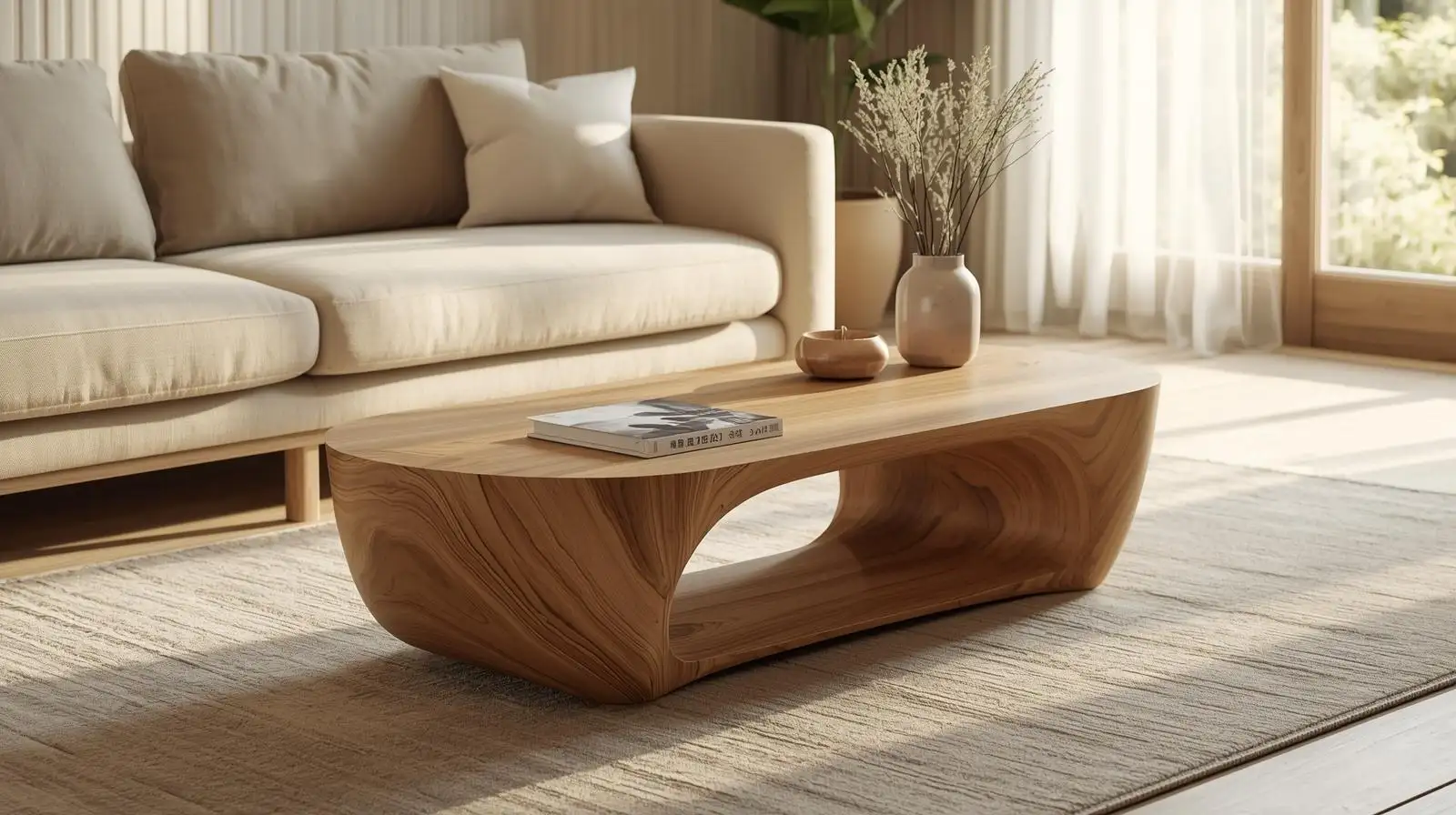 Phòng khách Wabi Sabi ấm cúng với bàn trà tròn gỗ sáng, thảm dệt tay và cây xanh điểm xuyết, khơi gợi cảm xúc bình yên của một buổi chiều tĩnh lặng.