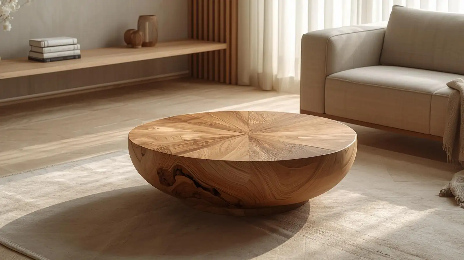 Mẫu bàn trà Wabi Sabi hình tròn, tông màu gỗ ấm và mặt đá tự nhiên, thể hiện sự giao hòa giữa hiện đại và mộc mạc – hợp xu hướng nội thất Việt.