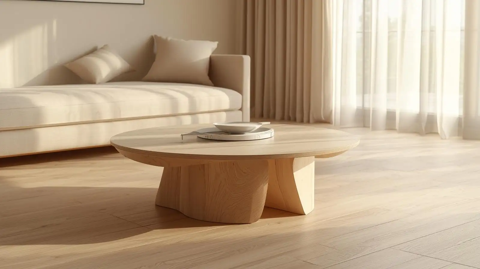 Bộ bàn trà Wabi Sabi đôi, kết hợp gỗ sồi và đá tự nhiên, đặt trong không gian ánh sáng vàng nhẹ, gợi cảm giác tinh tế, gần gũi và sang trọng.