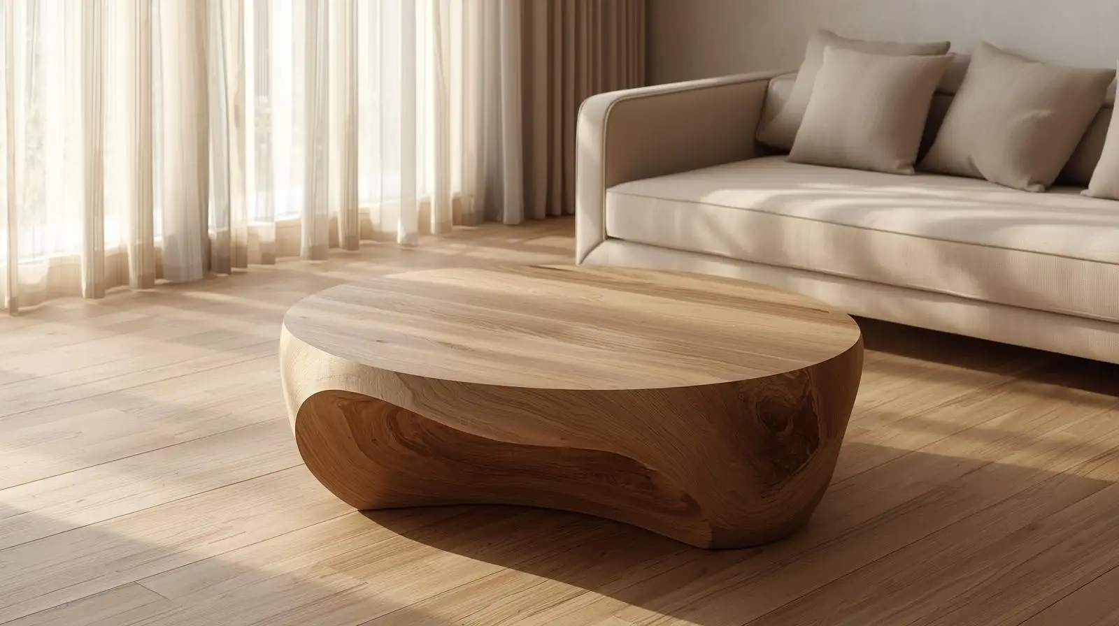 Bàn trà gỗ tần bì tròn, thiết kế theo phong cách Wabi Sabi hiện đại, tôn vinh vẻ đẹp tự nhiên và triết lý sống tối giản, được nhiều người Việt yêu thích.