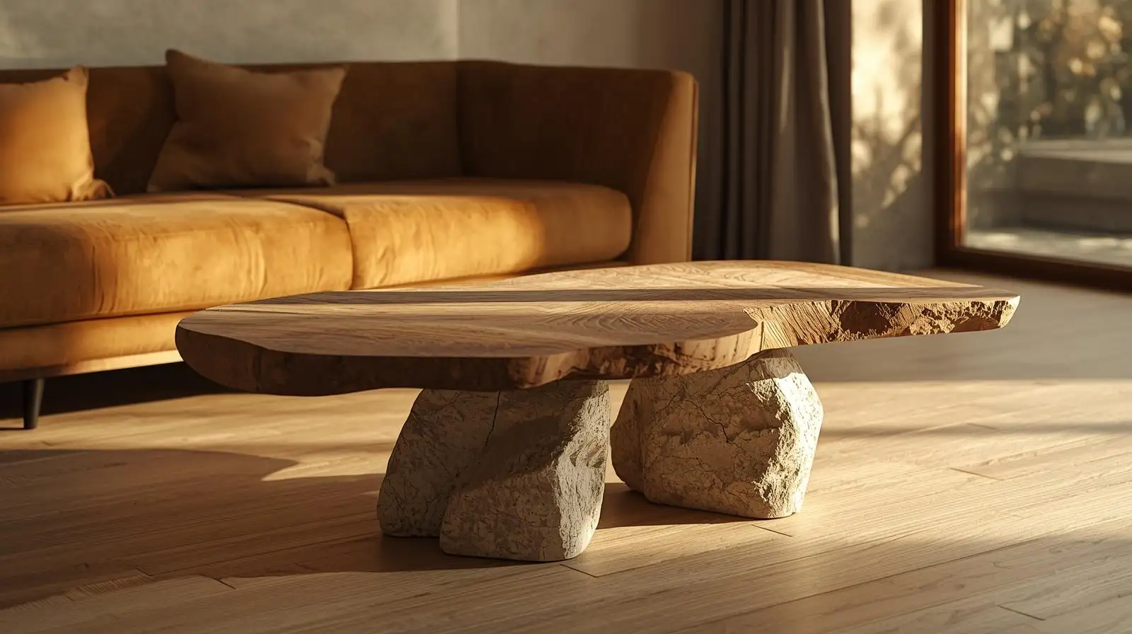 bàn trà wabi sabi kết hợp từ đá và gỗ tự nhiên