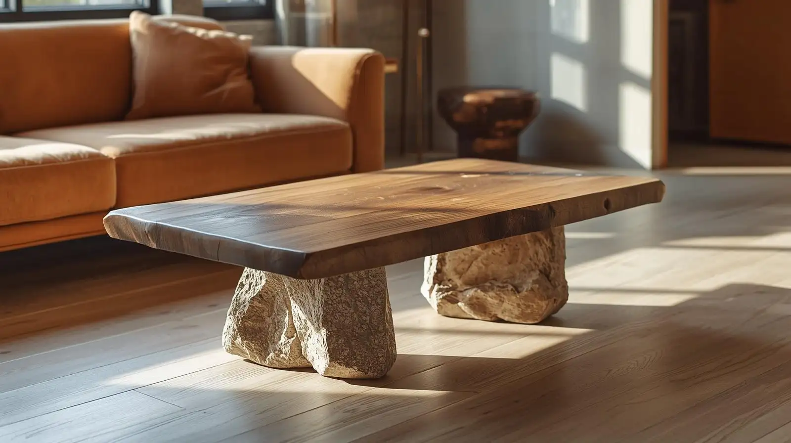 Bàn trà Wabi Sabi mặt gỗ chân đá tự nhiên khối đôi mang vẻ đẹp nguyên sơ và vững chãi