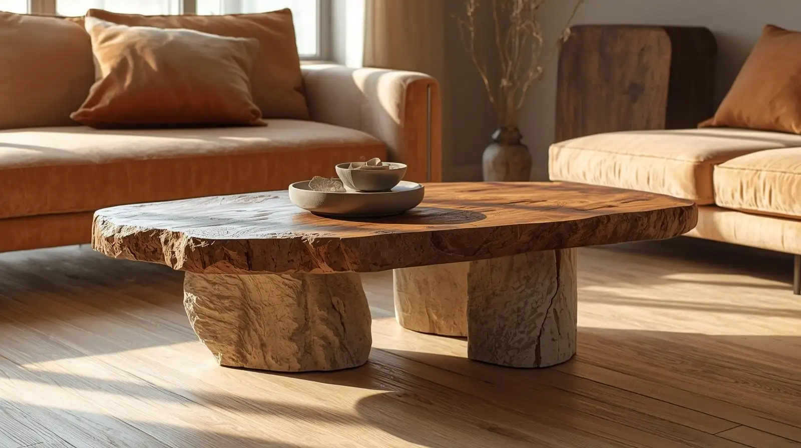 Bàn trà Wabi Sabi chân đá trụ tròn và mặt gỗ nguyên khối mang vẻ đẹp mộc mạc