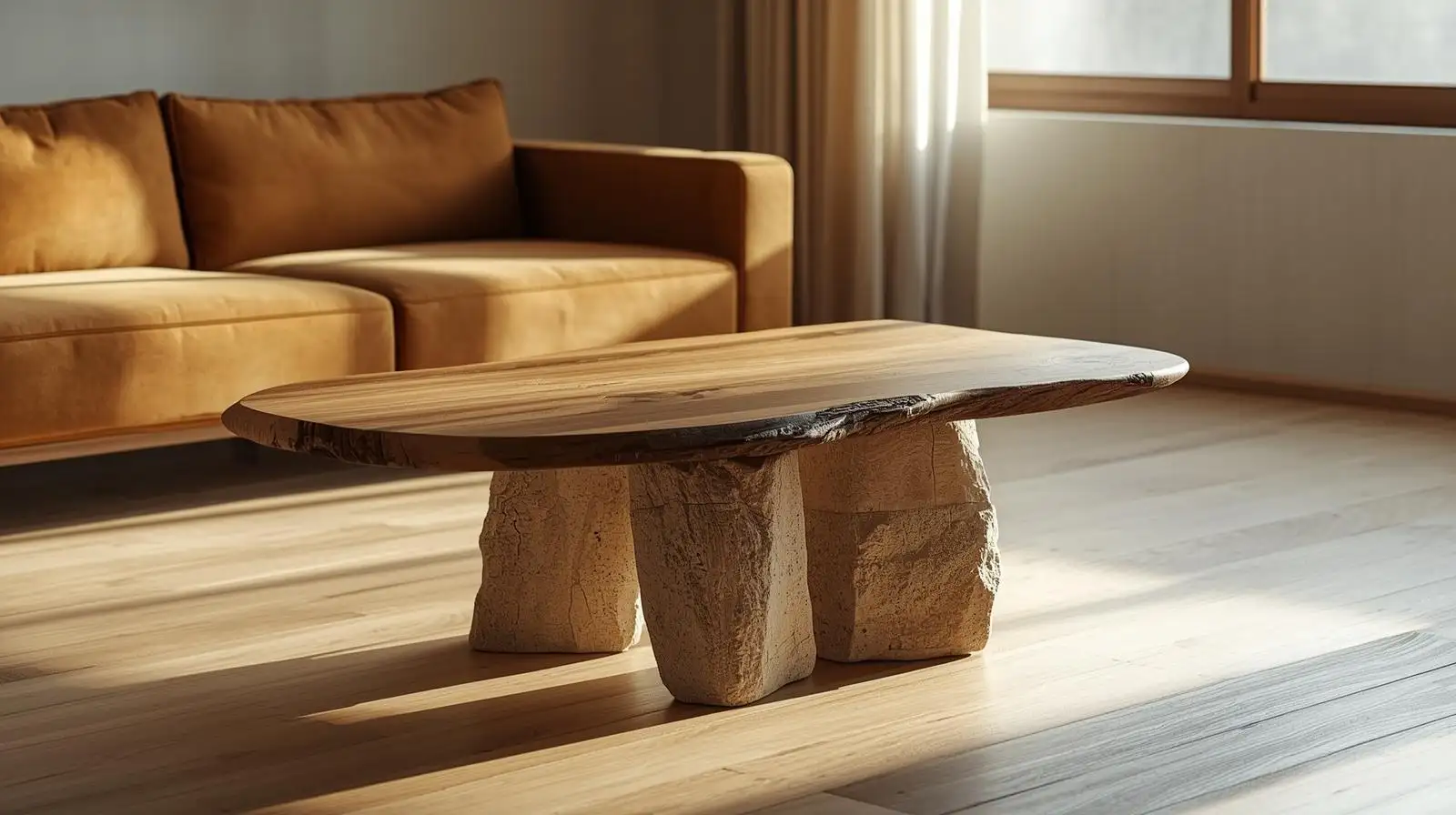 Bàn trà Wabi Sabi chân đá thô và mặt gỗ tần bì nguyên khối đậm chất tự nhiên