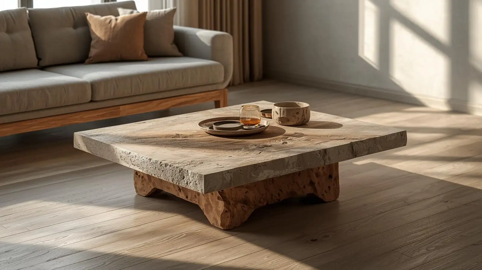 Bàn trà Wabi Sabi mặt gỗ phẳng kết hợp chân đá tự nhiên mang nét đẹp tĩnh tại