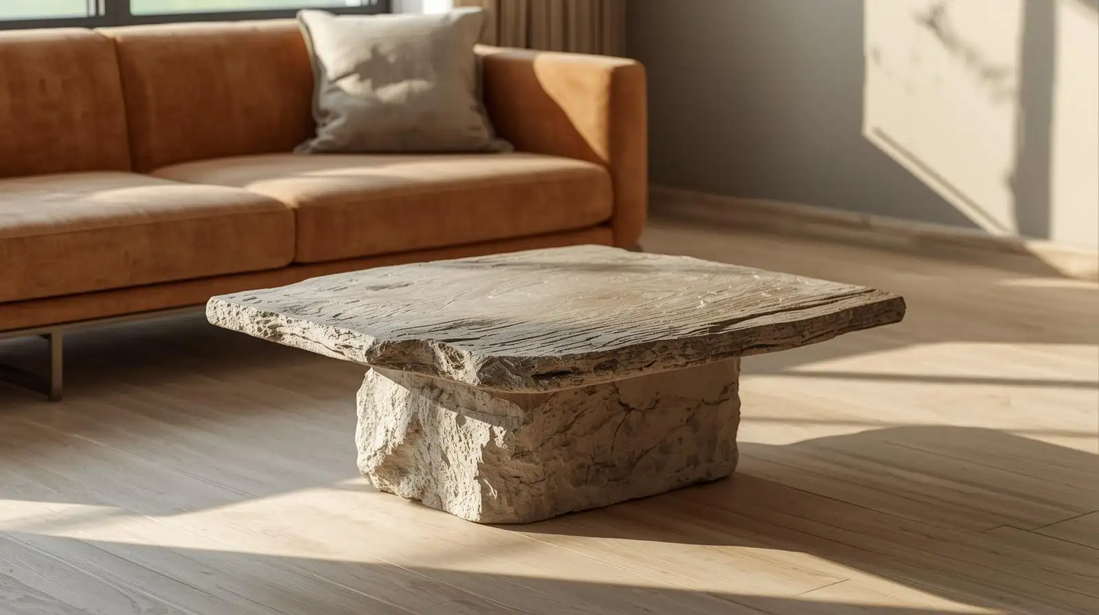 Bàn trà Wabi Sabi chân đá vuông góc và mặt gỗ tự nhiên đậm nét nguyên bản