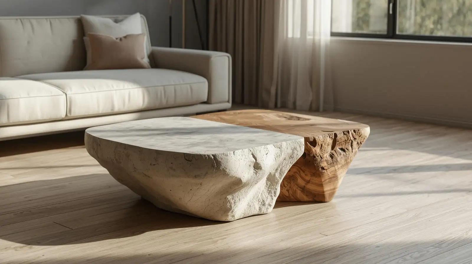 Bàn trà Wabi Sabi mặt gỗ hữu cơ chân đá tự nhiên mang vẻ đẹp thô mộc