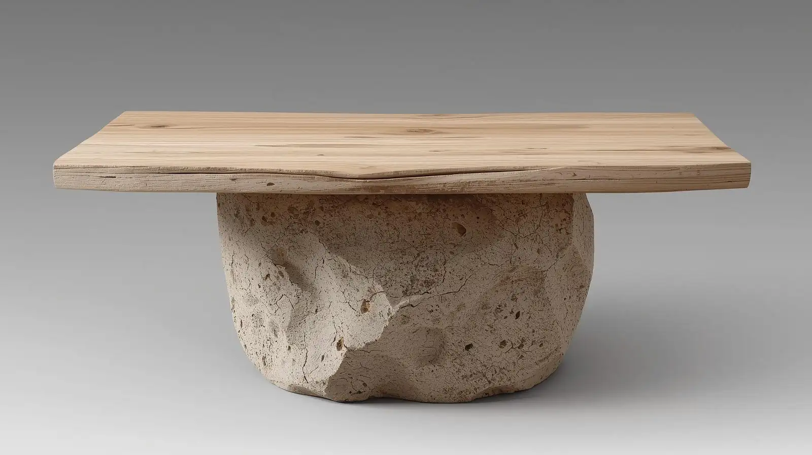 Bàn trà Wabi Sabi chân đá tròn thấp kết hợp mặt gỗ tự nhiên tinh tế