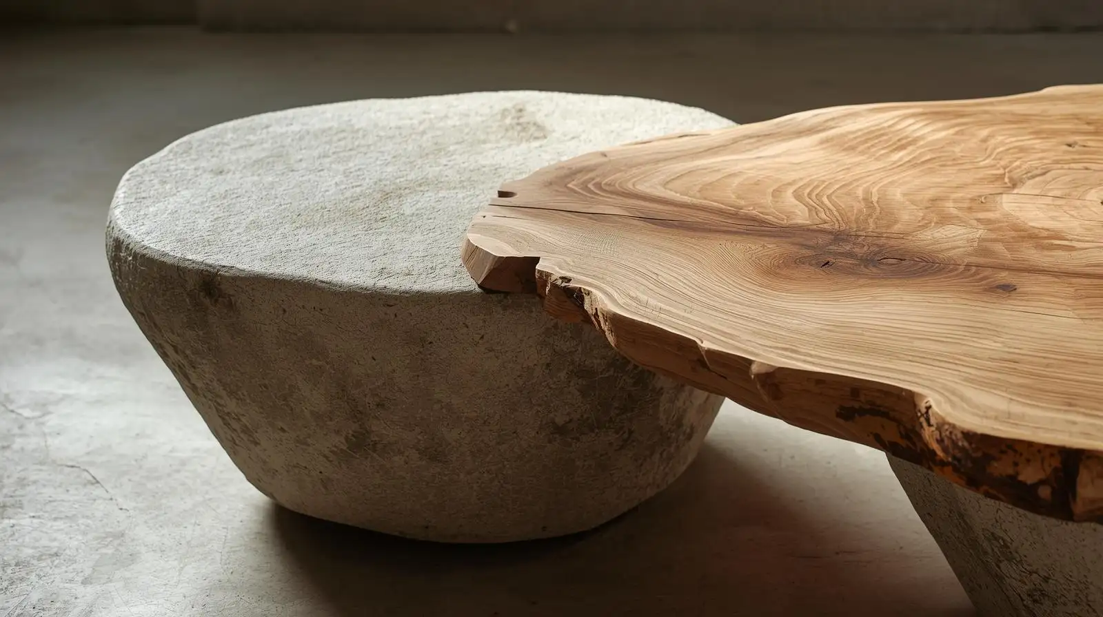 Bàn trà Wabi Sabi kết hợp mặt gỗ và đá tự nhiên mang biểu tượng âm dương hài hòa