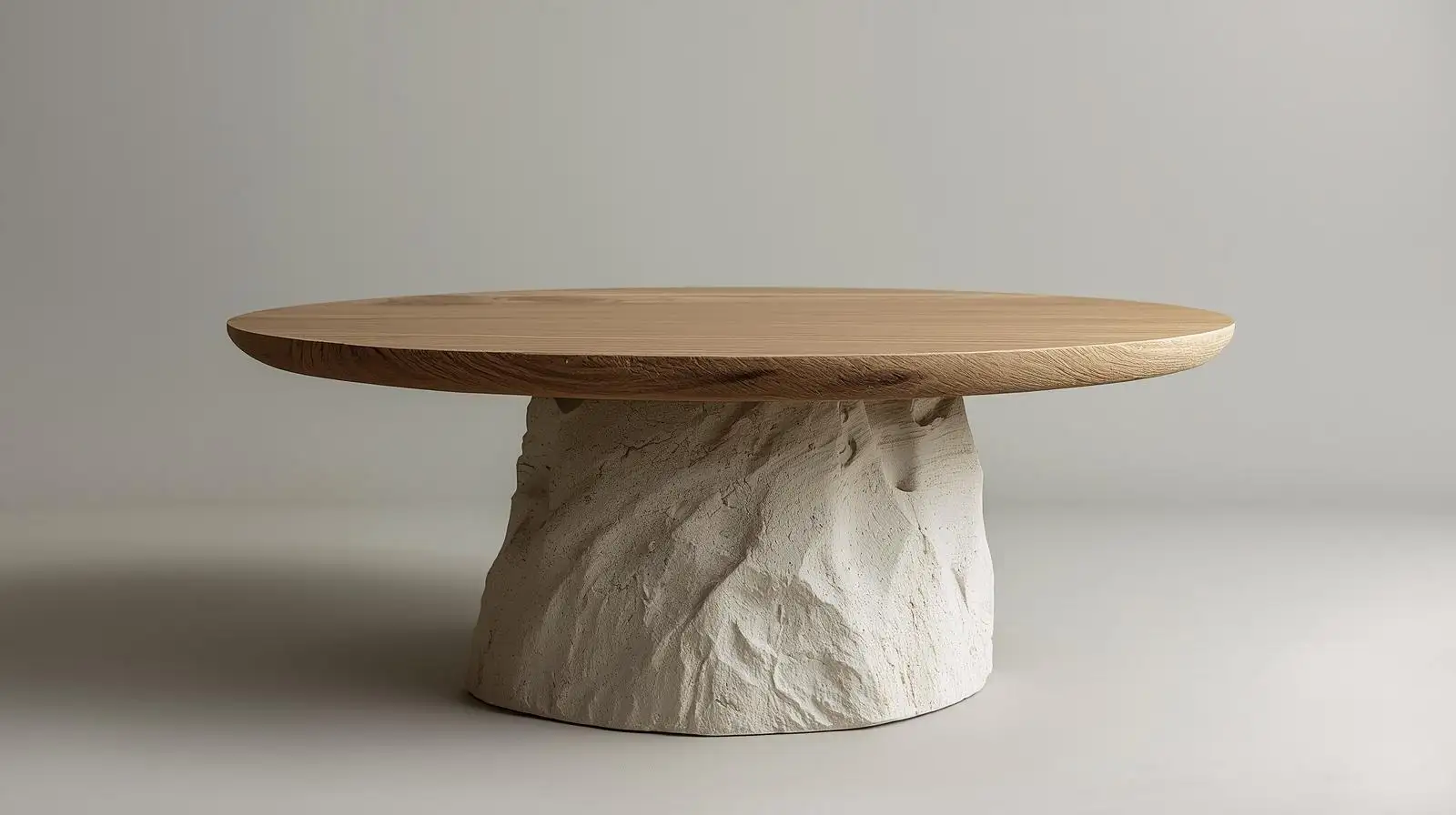 Bàn trà Wabi Sabi tròn chân đá khối và mặt gỗ tự nhiên mang vẻ đẹp thanh tịnh