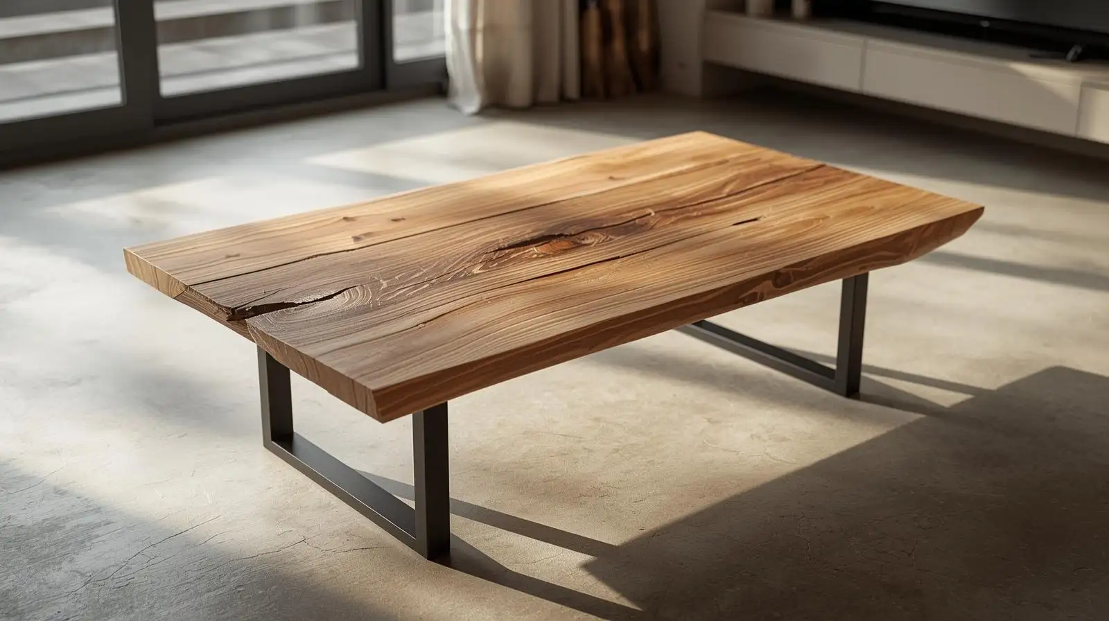 bàn trà wabi sabi mặt gỗ tần bì tự nhiên khung thép đen tối giản phong cách hiện đại