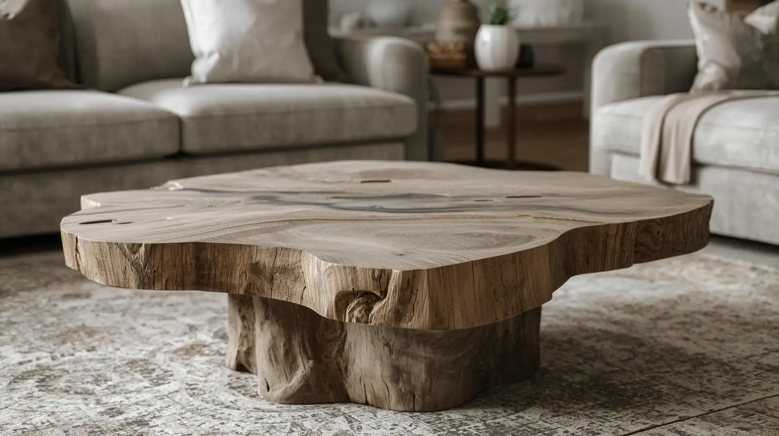 bàn trà wabi sabi nguyên khối gỗ tự nhiên mộc mạc thô ráp thể hiện vẻ đẹp không hoàn hảo