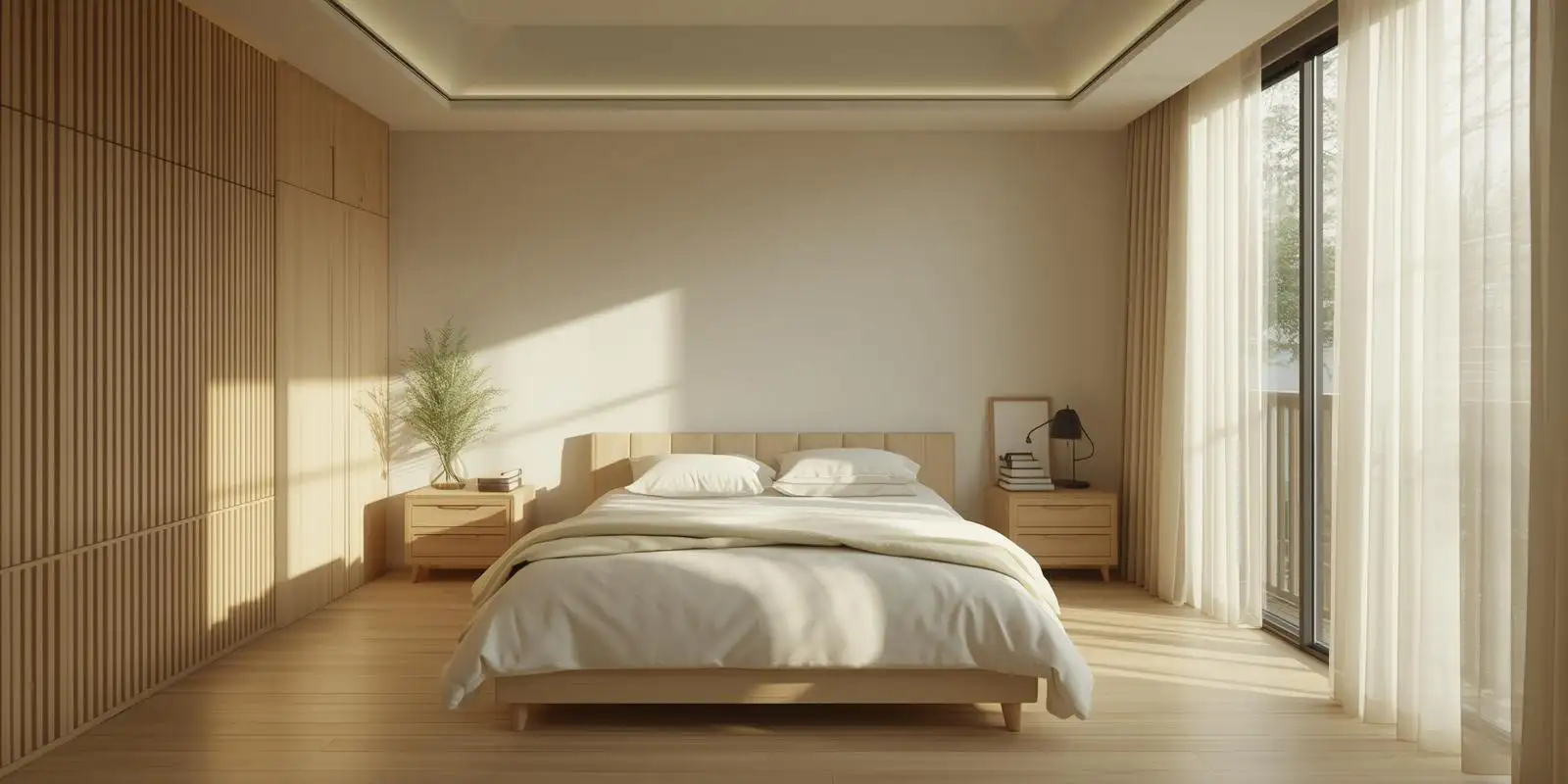 Phòng ngủ Japandi tinh tế, ánh sáng nhẹ và chi tiết trang điểm nữ tính.