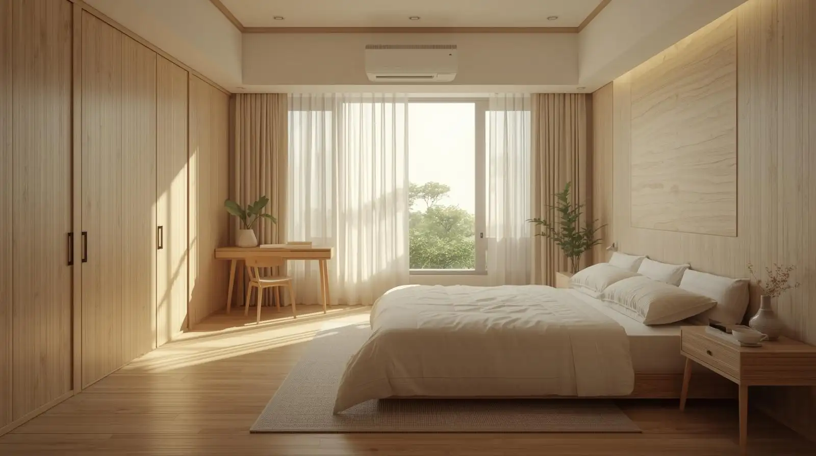 Phòng ngủ Japandi hướng Đông với ánh sáng sớm tràn ngập và vật liệu gỗ tự nhiên.