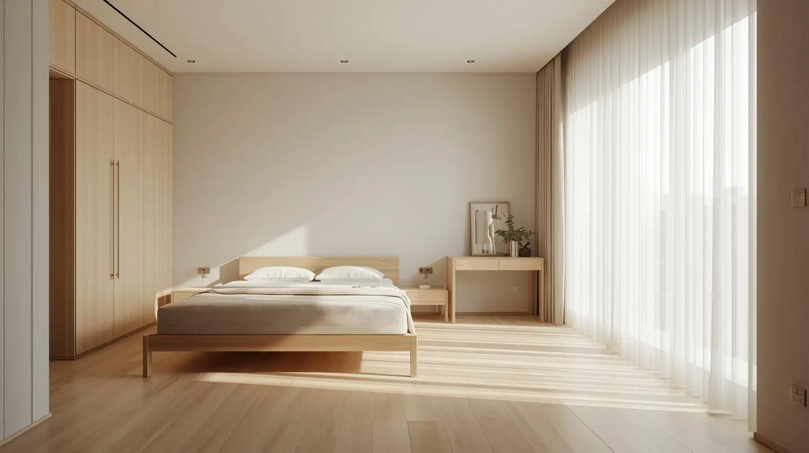 Phòng ngủ Japandi với bàn làm việc cạnh cửa sổ, tông sáng và ánh nắng tự nhiên.