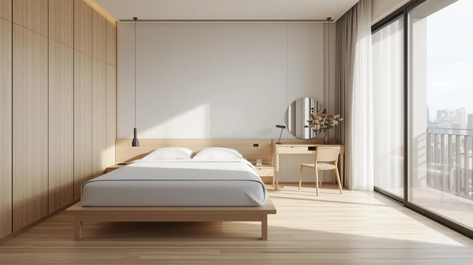 Phòng ngủ Japandi cho vợ chồng trẻ với bảng màu be sáng và ánh sáng tự nhiên.