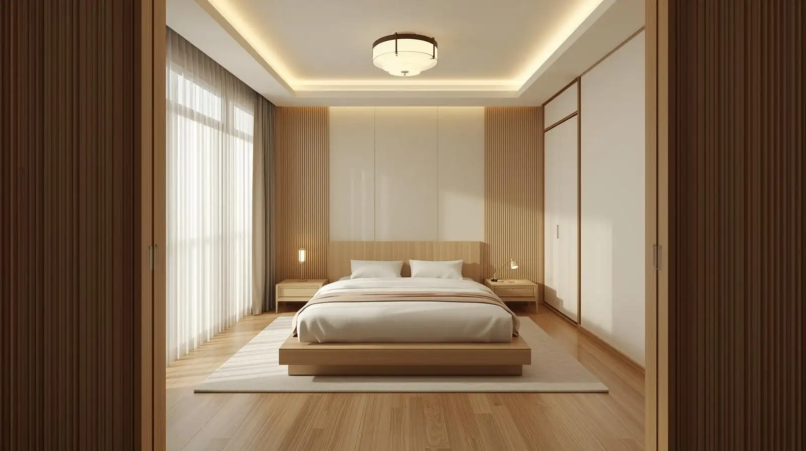 Phòng ngủ Japandi có góc đọc sách nhỏ cạnh cửa sổ, ánh sáng tự nhiên nhẹ nhàng.