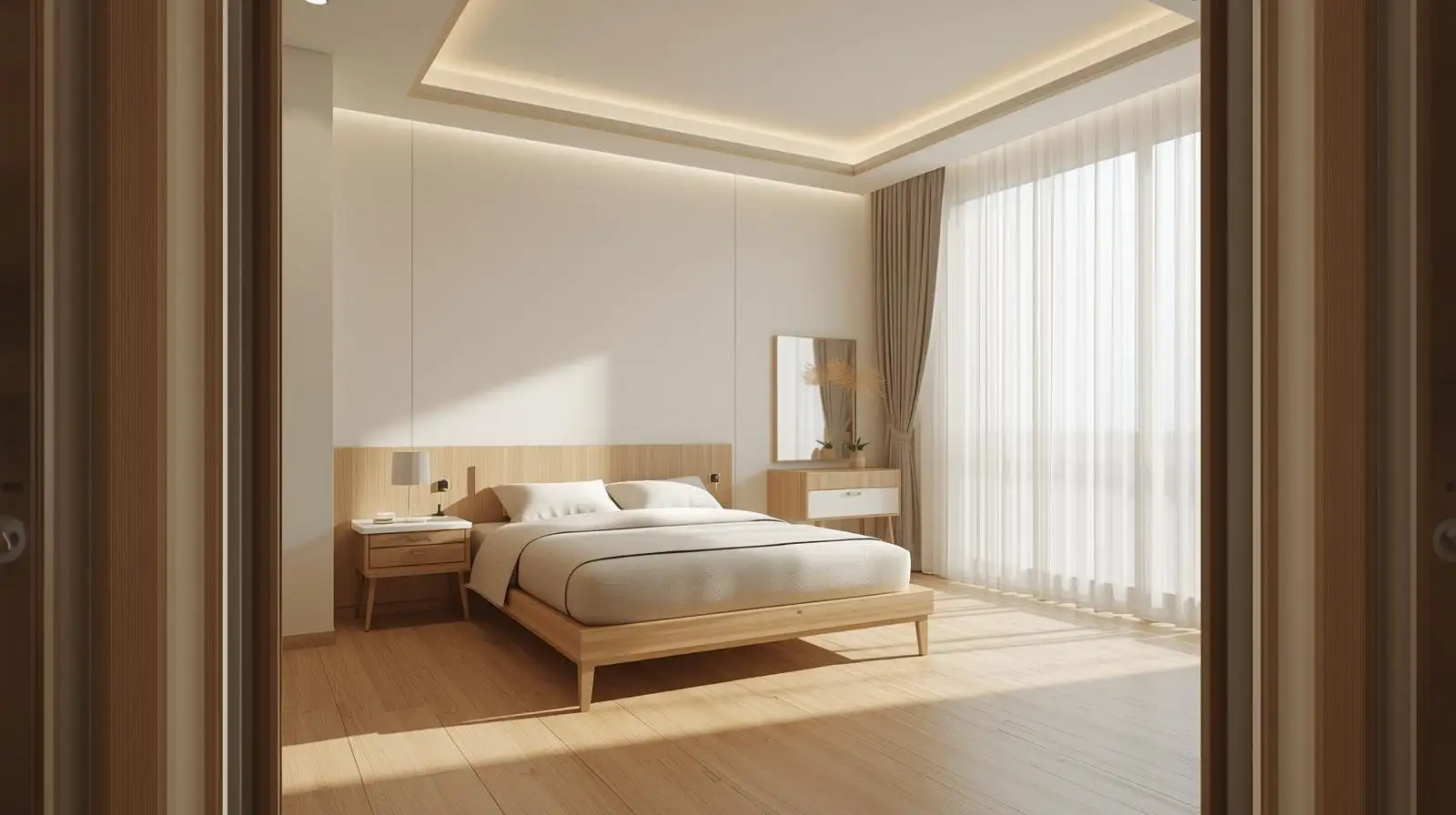 Phòng ngủ Japandi với tường xi măng mịn, thiết kế tối giản và tinh tế.
