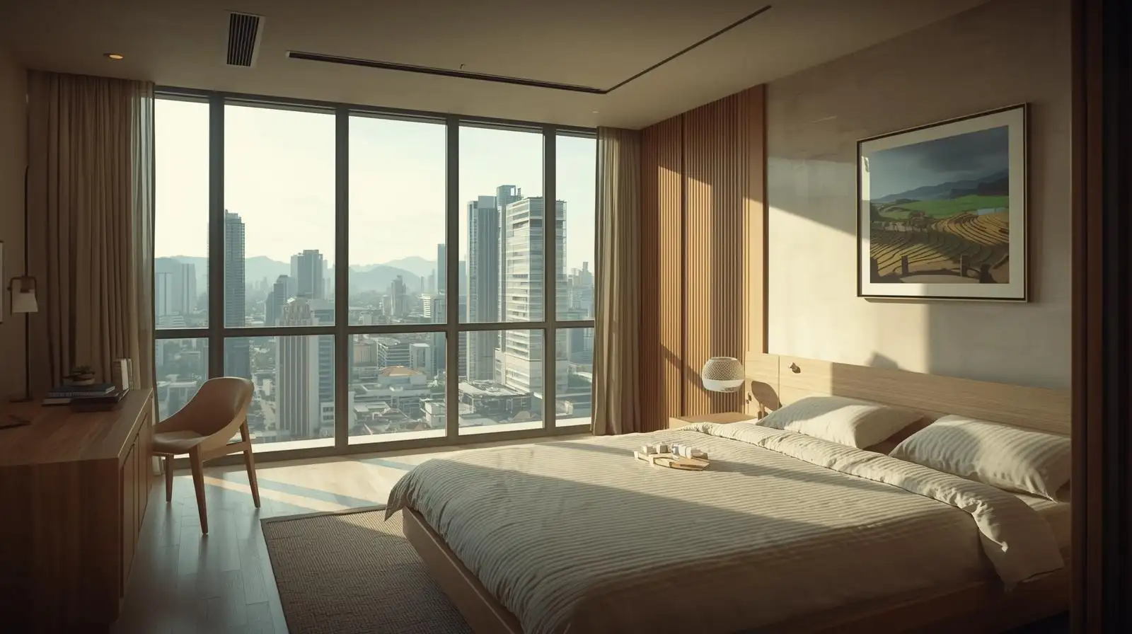 Phòng ngủ Japandi hướng Tây với rèm linen dày và màu tường trung tính cân bằng ánh sáng.