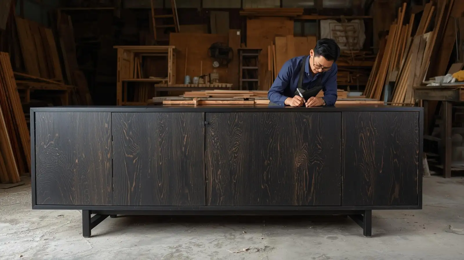 một chiếc tủ sideboard vừa được sơn pu hiệu ứng vân gỗ