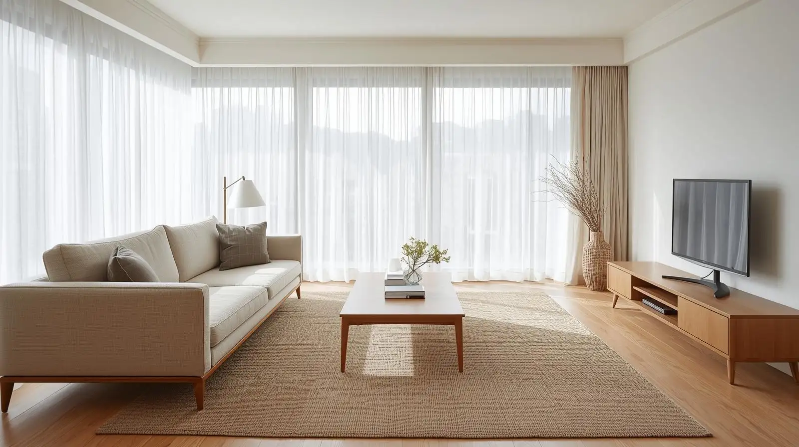 Căn phòng khách Japandi 25m2 với sofa màu be dáng thấp