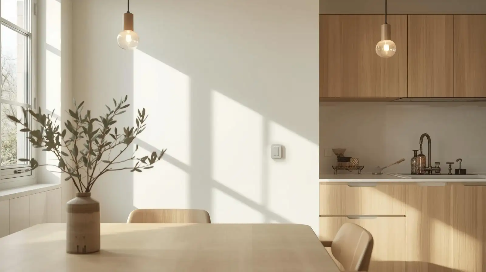 Không gian bếp Japandi liền bàn ăn, tủ gỗ sồi sáng