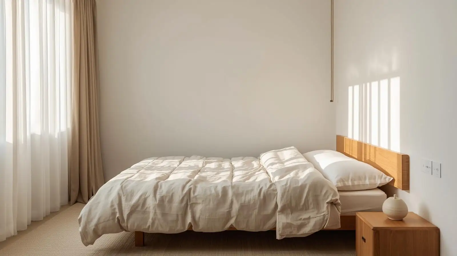 Phòng ngủ Japandi tối giản với giường gỗ thấp