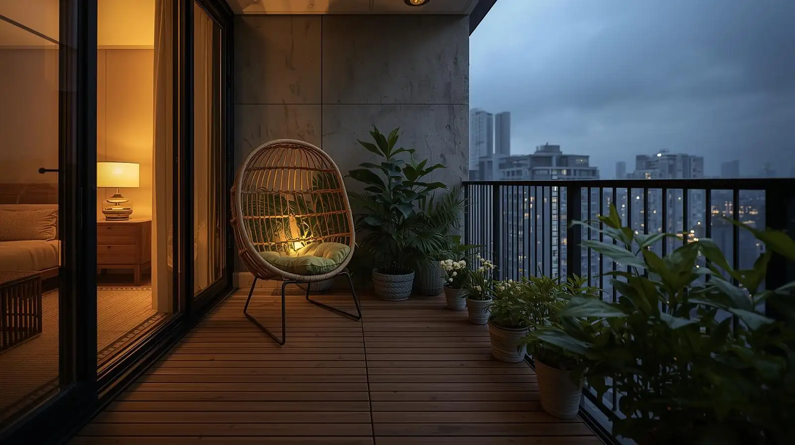 Bàn làm việc gỗ sồi sáng đặt cạnh cửa sổ, ghế mây, đèn bàn gốm