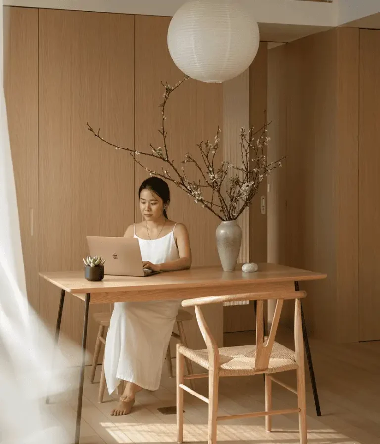 Góc làm việc phong cách Japandi với bàn gỗ sáng, ghế mây và ánh sáng dịu nhẹ.