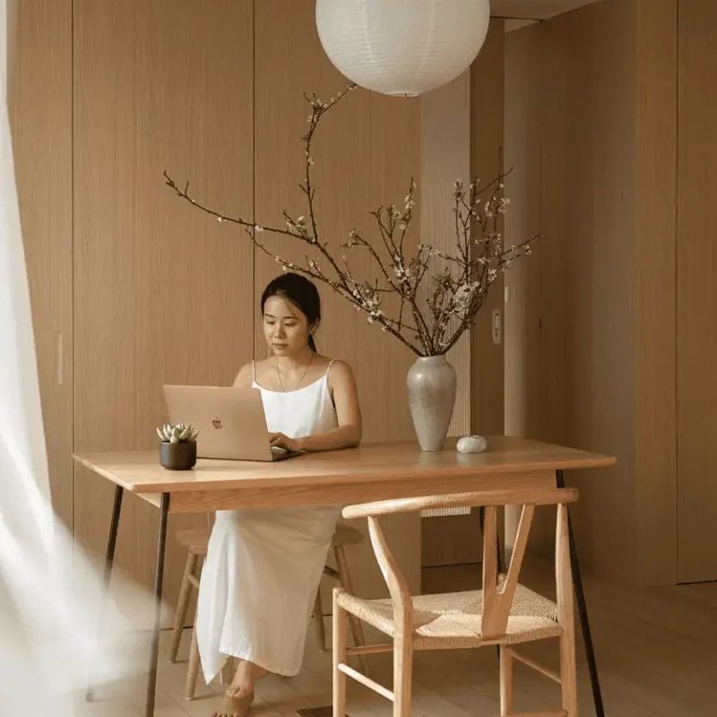Góc làm việc phong cách Japandi với bàn gỗ sáng, ghế mây và ánh sáng dịu nhẹ.