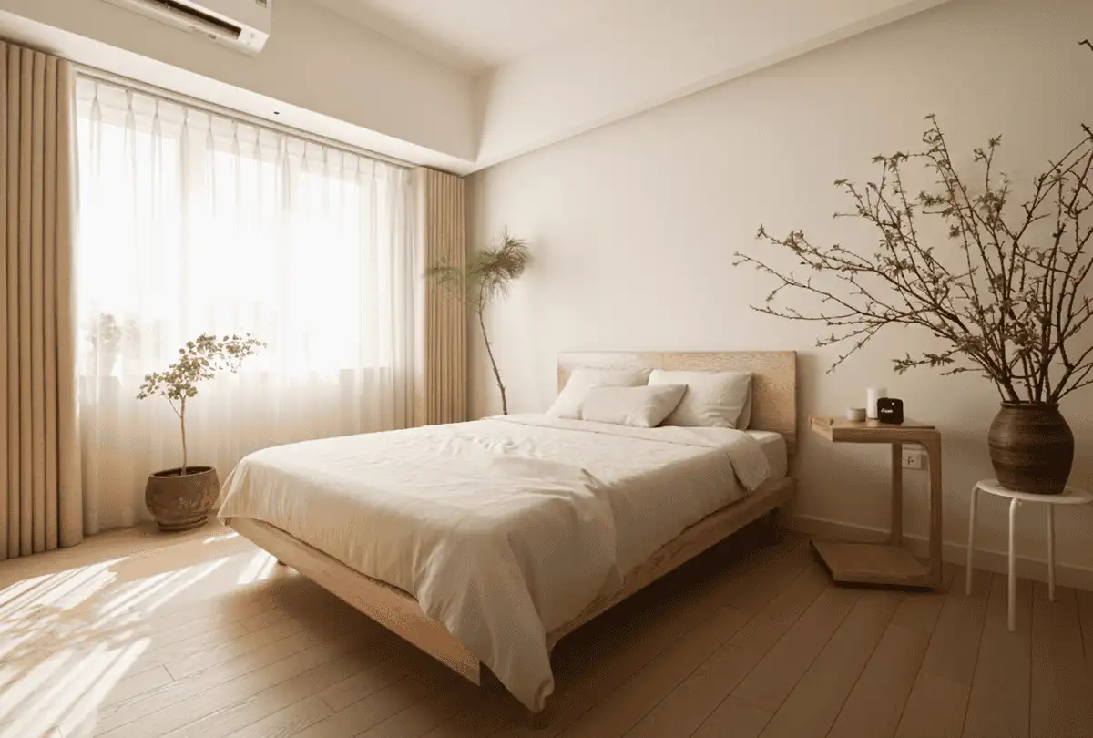 Phòng ngủ Japandi nhẹ nhàng với giường gỗ thấp, ánh sáng ấm và chất liệu tự nhiênPhòng ngủ Japandi nhẹ nhàng với giường gỗ thấp, ánh sáng ấm và chất liệu tự nhiên
