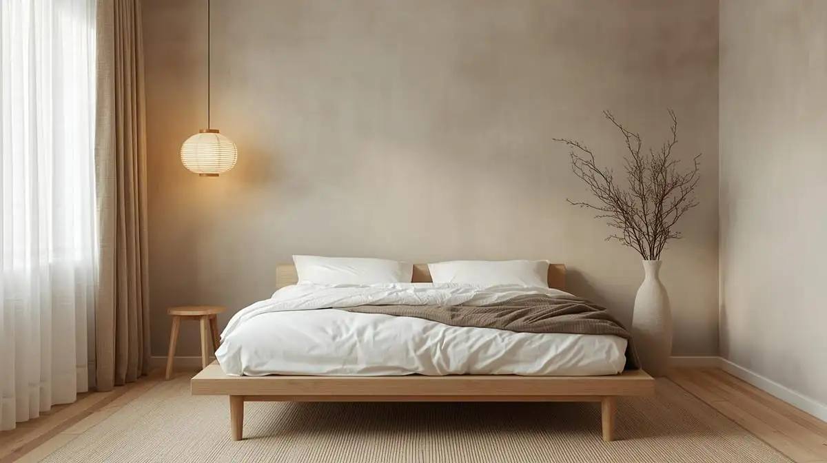 Phòng ngủ Japandi nhẹ nhàng với giường gỗ thấp, ánh sáng ấm và chất liệu tự nhiênPhòng ngủ Japandi nhẹ nhàng với giường gỗ thấp, ánh sáng ấm