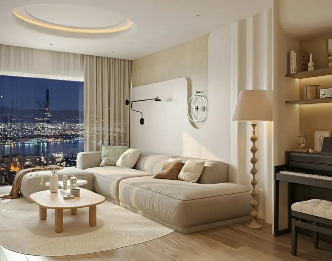 bàn trà nấm trong phòng khách kết hợp cùng sofa