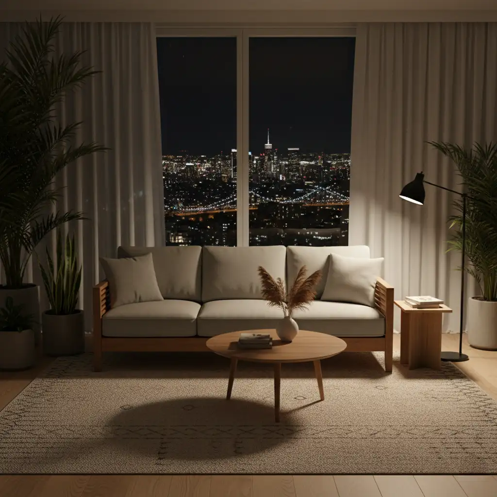 phòng khách tối giản với sofa và ánh đèn tạo sụ thư giãn nhẹ nhàng