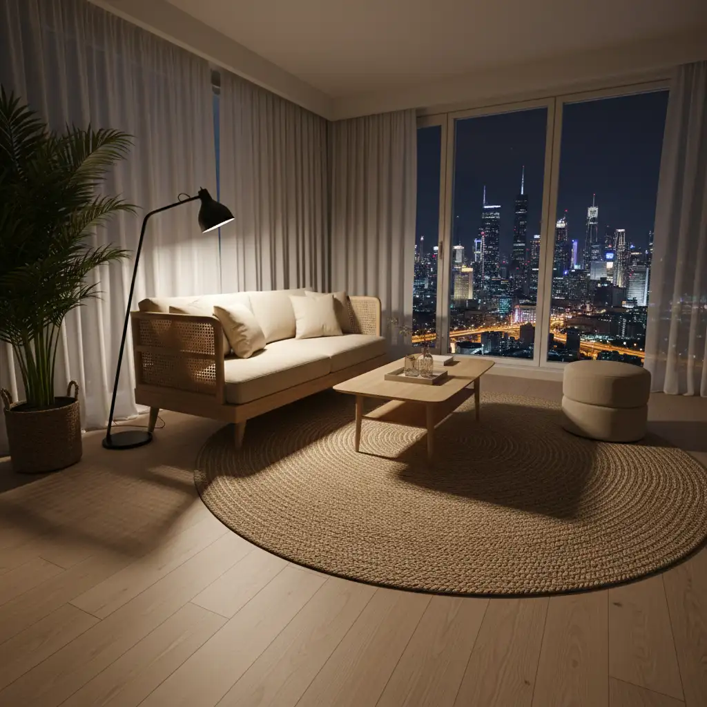 phòng khách tối giản với sofa và ánh đèn tạo sụ thư giãn nhẹ nhàng từ hơi thở gỗ