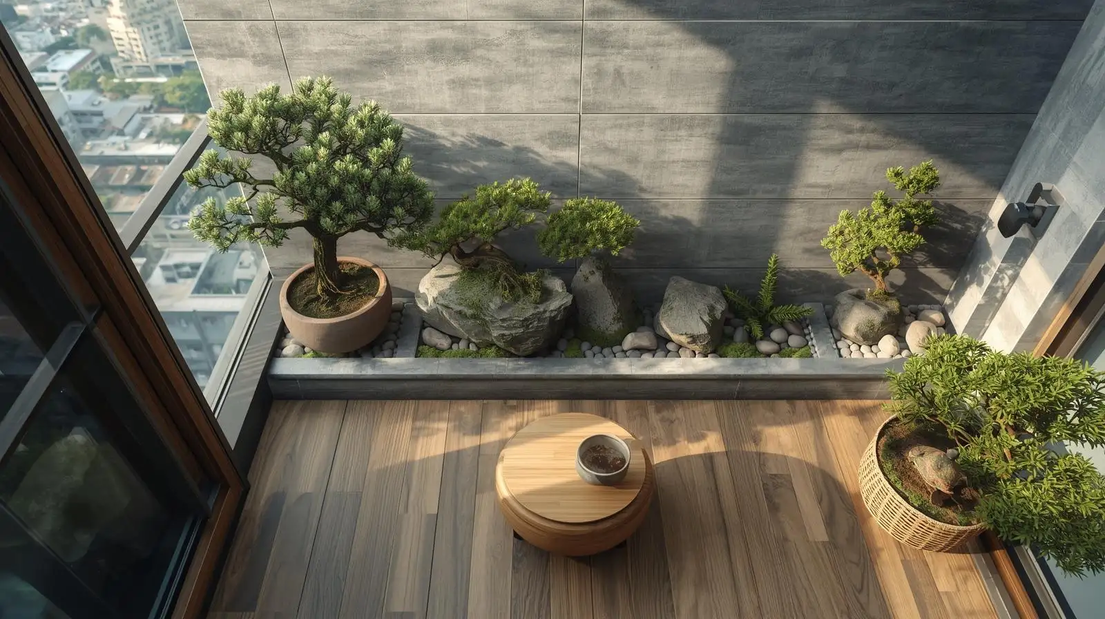 Ban công phong cách japandi gỗ mộc – Tối giản mà ấm cúng