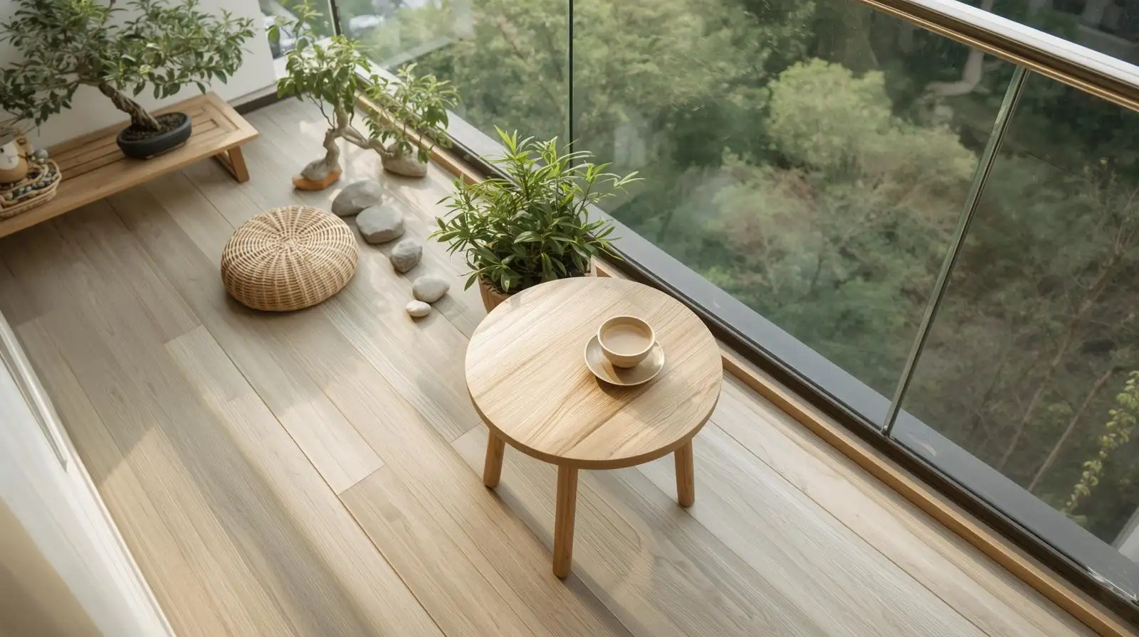 Ban công phong cách japandi gỗ mộc – Tối giản mà ấm cúng