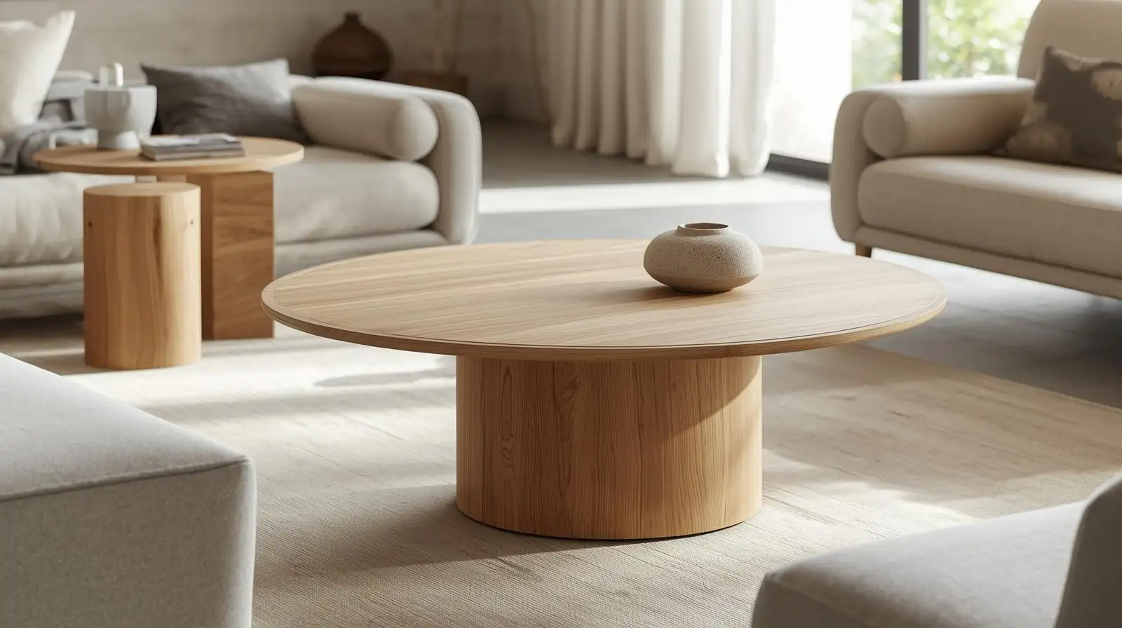 Bàn trà tròn gỗ sồi tự nhiên – đường cong mềm mại