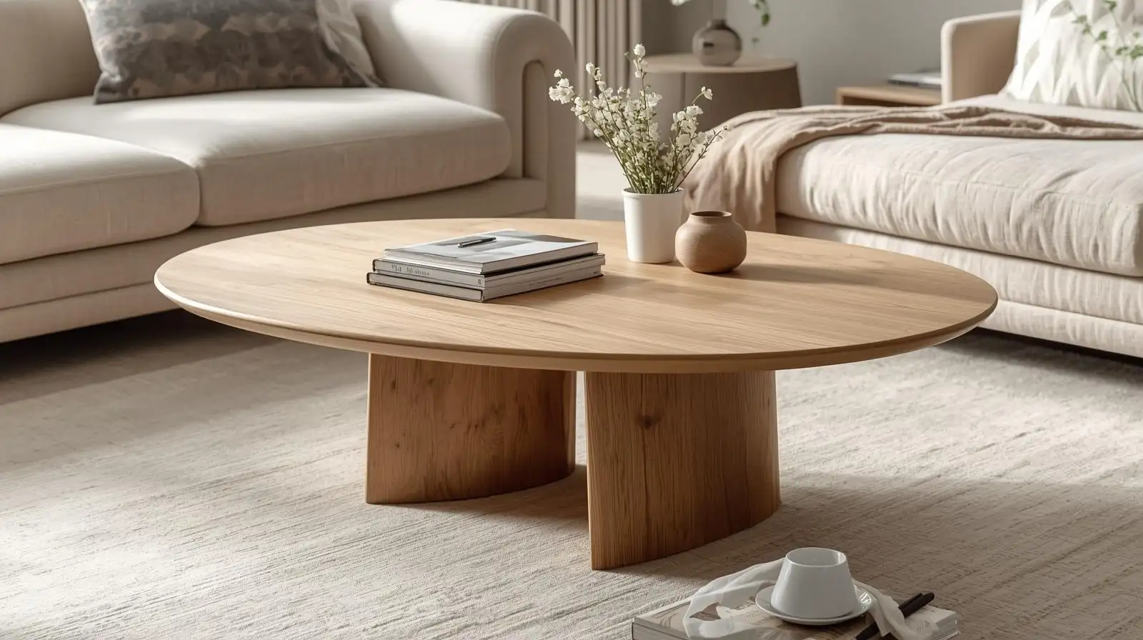 Mẫu bàn trà tròn gỗ sồi đôi trụ – Sự cân bằng giữa nặng và nhẹ