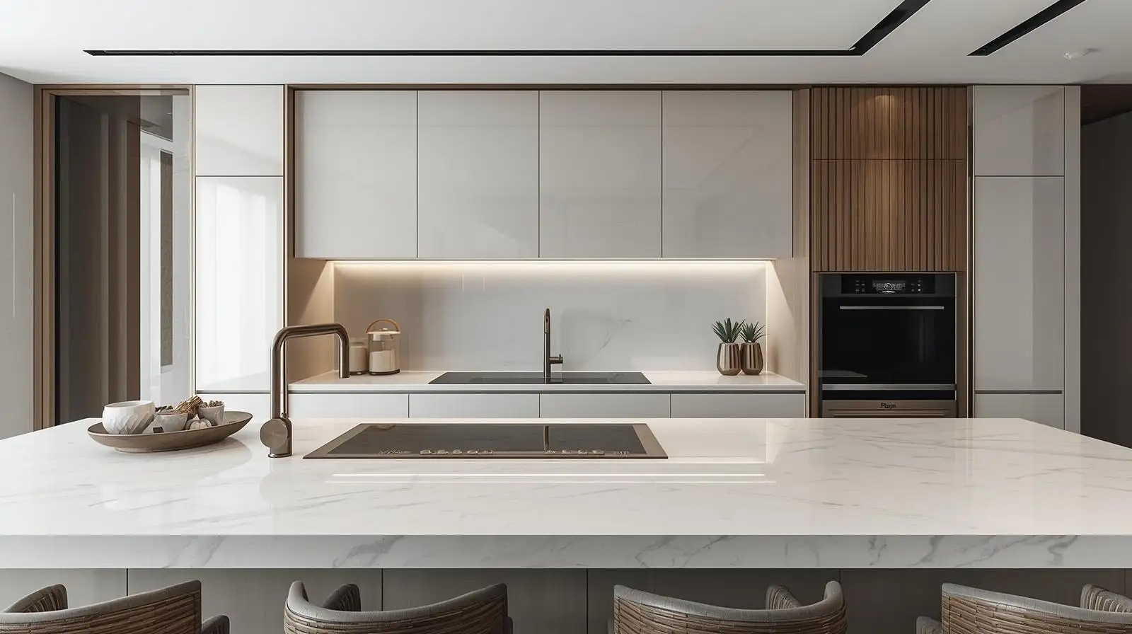 không gian phòng bếp tối giản với những vật liệu được lựa chọn